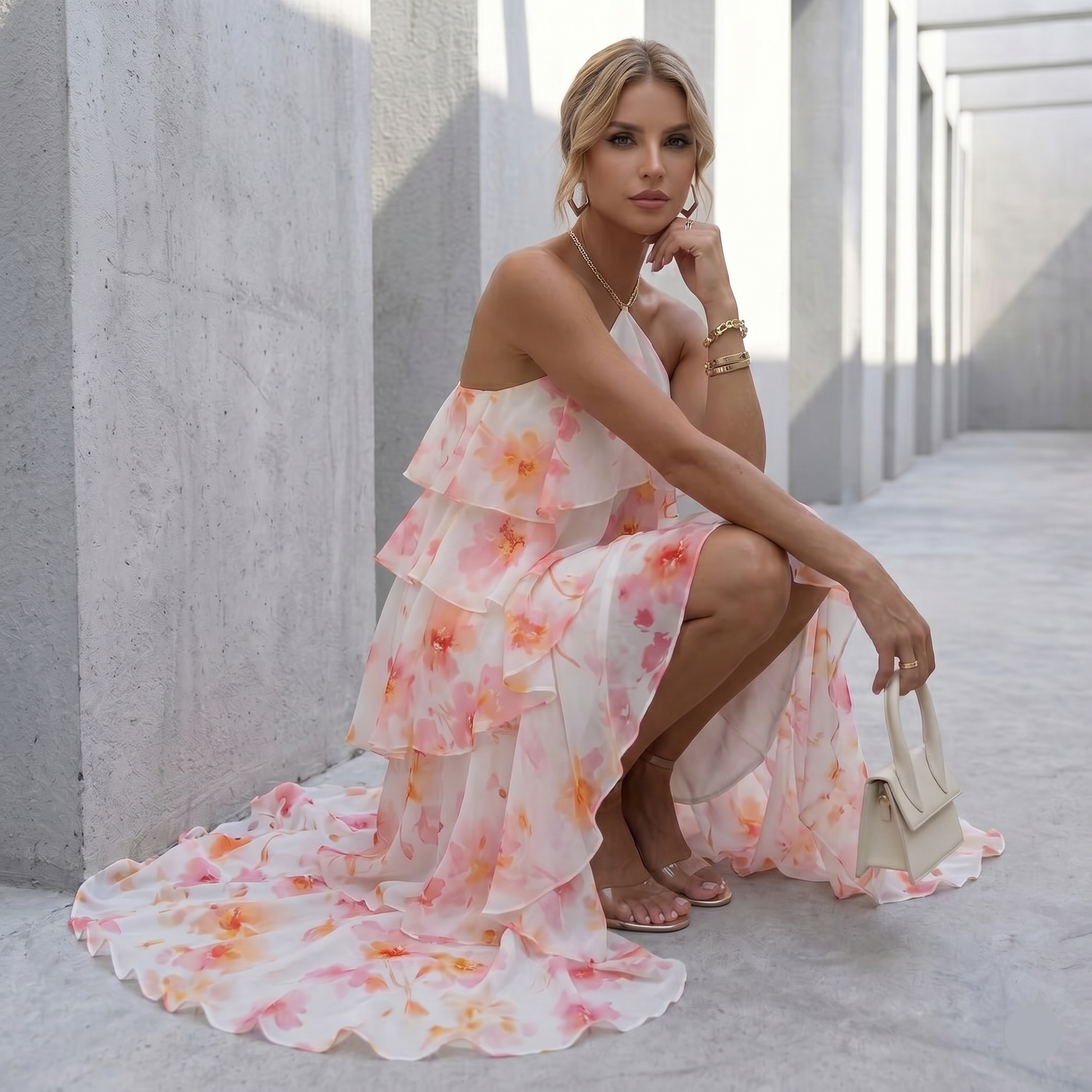 Chiffon Posh Floral Tiered Maxi Dress with Halter Neckline and Open Back Detail
