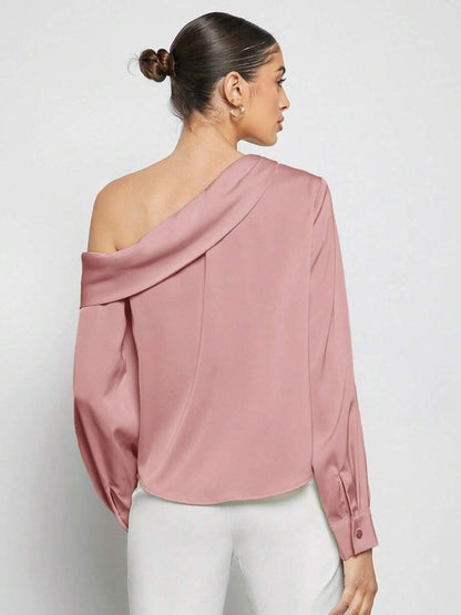 one-shoulder satin top women, Elegant one-shoulder satin top women in powder pink, sleek and modern design formal blouse women and work to evening satin piece, fall party satin blouse women, cocktail blouse women, quiet luxury blouse women, elevated basics satin top.