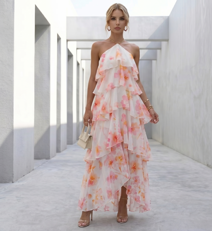 pink ruffle floral maxi dress, Open back maxi dress with tiered construction and soft floral print, lightweight floral maxi perfect for vineyard wedding dress styling and destination garden maxi events, boho floral maxi dress, A-line floral maxi, countryside wedding maxi, tiered A-line floral maxi dress, pink floral garden party maxi.