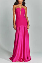 Load image into Gallery viewer, pink strapless satin evening gown with corset bodice and mermaid skirt for cocktail party or wedding guest dress, corset gown, off shoulder evening dress, what to wear to a summer wedding as a guest.