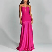 Load image into Gallery viewer, pink strapless satin evening gown with corset bodice and mermaid skirt for cocktail party or wedding guest, satin evening dress, Hot pink party dresses for women, pink evening gown, cocktail party gown, bodycon evening gown, long satin dress.
