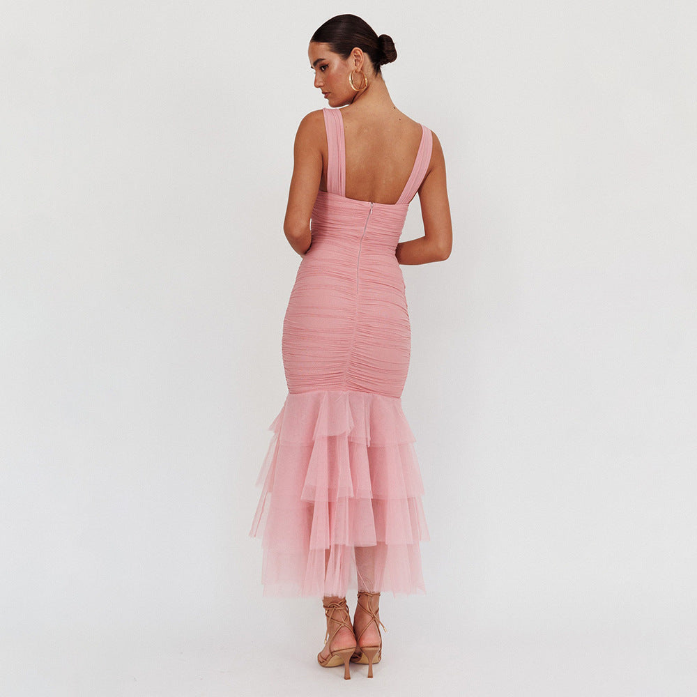 Ruched tulle and lace bodycon maxi dress with tiered ruffle hem, sleeveless, fitted tulle party dress, perfect for summer wedding guest dress or wedding cocktail party outfit, midi party dresses, ruched bodycon dress.