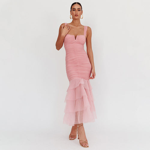 maxi party dresses, pink tulle lace bodycon dress, tiered ruffle skirt, mermaid dress, figure-hugging and sleeveless sheath fit for evening semi formal parties, ruched ruffle bodycon dress. 