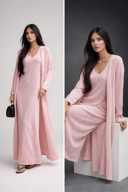 two piece knit maxi dress, outfit set women, sleeveless maxi dress, knit dress set, Knit maxi dress and long cardigan co-ord set in soft knit fabric with straight silhouette, quiet luxury outfit and outfit set women styling, knit maxi dress and cardigan set for business casual knit set, Instagram worthy knit co-ord, classy casual maxi.
