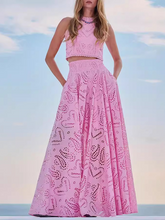 Load image into Gallery viewer, pink two piece set, womens two piece set, crop top and skirt set, Two Piece skirt set, eyelet dress, Two piece Maxi Dress, skirt set, two piece sets women, lace dress, Eyelet lace co-ord set, Crop top and long skirt set.