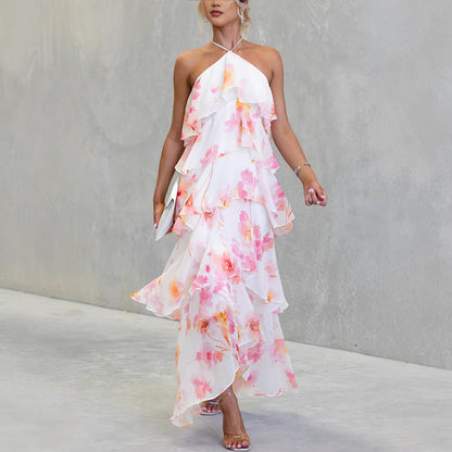 pink watercolor floral maxi dress, floral wedding guest tiered maxi, boho tiered floral maxi dress, vineyard wedding dress, lightweight floral maxi, halter open back dress, tiered ruffle maxi dress, watercolor floral dress, cascading ruffle maxi, pink floral maxi dress.