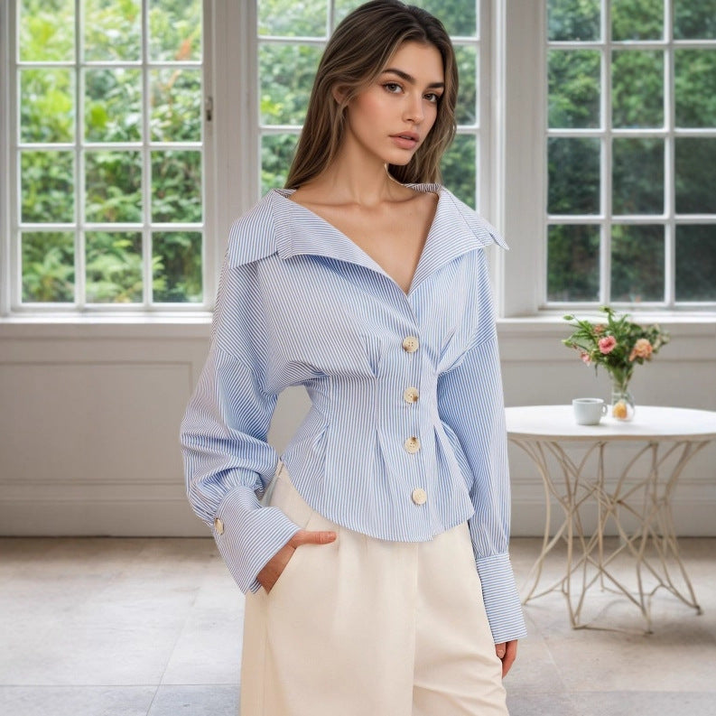 pinstripe power shirt women, quiet luxury blouse, Oversized collar peplum shirt, comfortable work shirt all-day, work-appropriate puff sleeve shirt, Pinstripe shirt women with cinched waist pleat seams and puff sleeve shoulder volume, tailored shirt women silhouette suited for business casual occasion and power shirt women looks.
