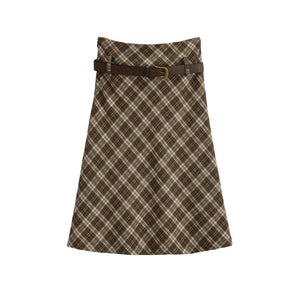 classy fall outfit skirt, belted midi skirt, plaid A-line skirt women, a-line skirt midi length.