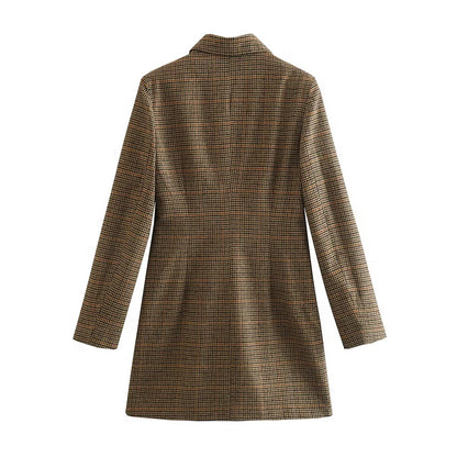 Brittany Camel Plaid Blazer Mini Dress for Women | Double-Breasted Houndstooth Blazer Dress| Classy Fall Outfit Blazer