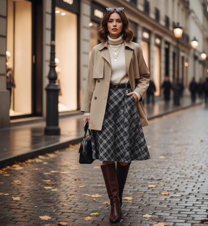 office skirt women, Timeless plaid A-line skirt women, belted midi skirt with bronze buckle, fall plaid skirt outfits, classy fall outfit skirt styling, midi skirt with belt office look for women over 30, fall plaid skirt