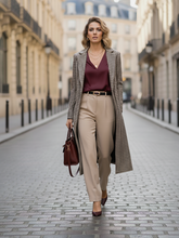 Load image into Gallery viewer, Tailored plaid wool blend coat for women featuring a warm mid-calf cut designed for business casual plaid coat looks, office-ready chic, and winter layering perfection, Chic quiet luxury plaid coat women’s trend, styled with jeans and boots for a fall plaid coat outfit; sustainable wool-blend fabric meets minimalist checked tailoring.