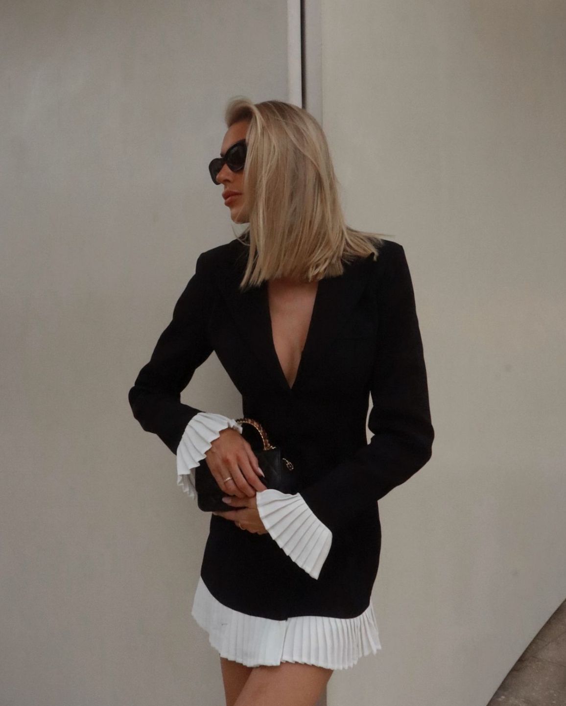 Main Character Black & White Mini Blazer Dress | Plunging V neck Pleated Mini Dress | Suit Coat Dress