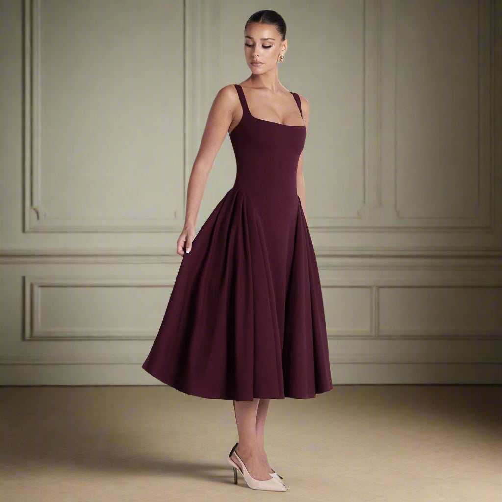  fit and flare dress, corset midi dress, pleated midi dress, pleated dress, flattering midi dress with corset bodice, cocktail midi dress with fitted top, burgundy fit and flare dress for evening events, flattering midi dress with fitted top and flared skirt.
