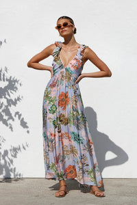 plunging v neckline floral maxi dress, summer floral maxi sundress, floral maxi dress, flowy maxi dress, long maxi dress, ruffle maxi dress, maxi sundress, flowy maxi sundress, boho maxi dress, beach maxi dress, vacation dress, long flowy dresses, summer sundress, long dresses for women. 