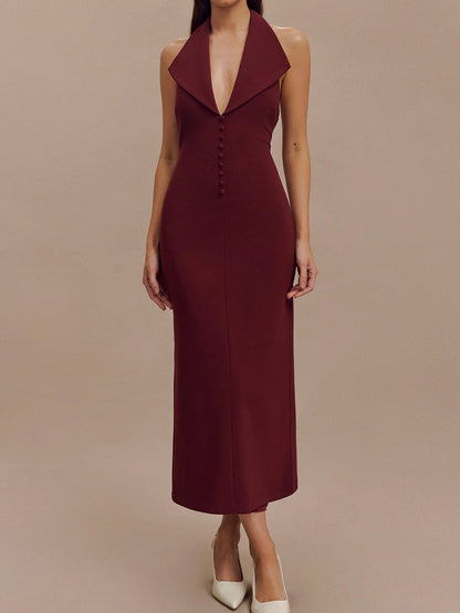 burgundy backless halter midi dress, bodycon midi dress, elegant halter neck dress, backless bodycon dress, elegant midi dress, evening wear dress, women's semi formal dress, sheath dress, burgundy halter dress.