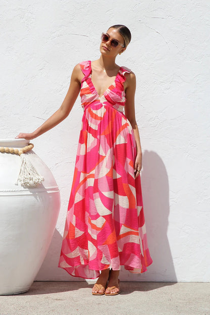 plunging v neckline floral maxi dress, summer floral maxi sundress, floral maxi dress, flowy maxi dress, long maxi dress, ruffle maxi dress, maxi sundress, flowy maxi sundress, boho maxi dress, beach maxi dress, vacation dress, long flowy dresses, summer sundress, long dresses for women. 