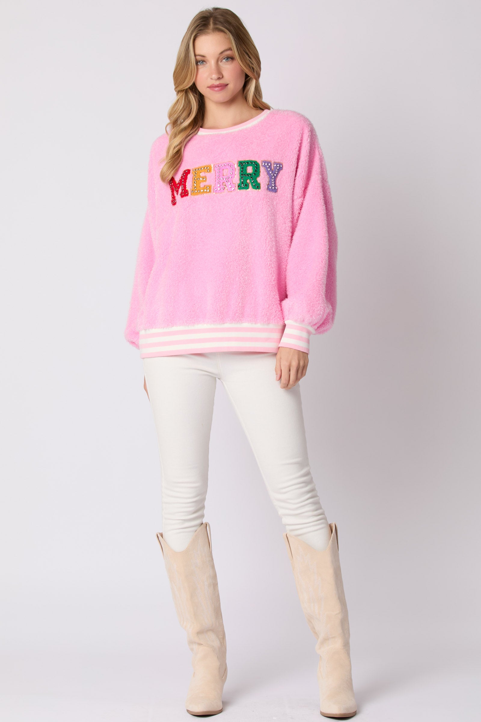 cute holiday sweatshirt women, sequin sweatshirt for women, christmas sequin sweater, Oversized balloon sleeve sequin sweatshirt for women in pink fuzzy sherpa fabric festive, comfy, and chic for Christmas parties or winter travel outfits, embroidered sweatshirt women, statement sequin sweater women, drop shoulder sweatshirt.