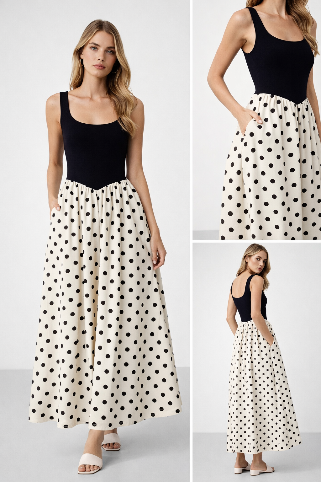 Cream base black polka dots dress, Black bodice cream polka dot contrast maxi dress, spring polka dot maxi dress, polka dot maxi skirt dress, vintage polka dot maxi 2026, colorblock maxi dress, black cream maxi dress, quiet luxury polka dots, polka dot maxi dress, fit and flare dress.