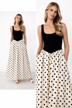 Load image into Gallery viewer, polka dot maxi skirt dress, cream polka dot summer dress	, lightweight polka dot maxi, Black cream maxi dress featuring structured bodice polka dot skirt and full A-line maxi skirt, vintage polka dot maxi 2026 vibe, perfect summer polka dot dress for party polka dot maxi dress occasions.