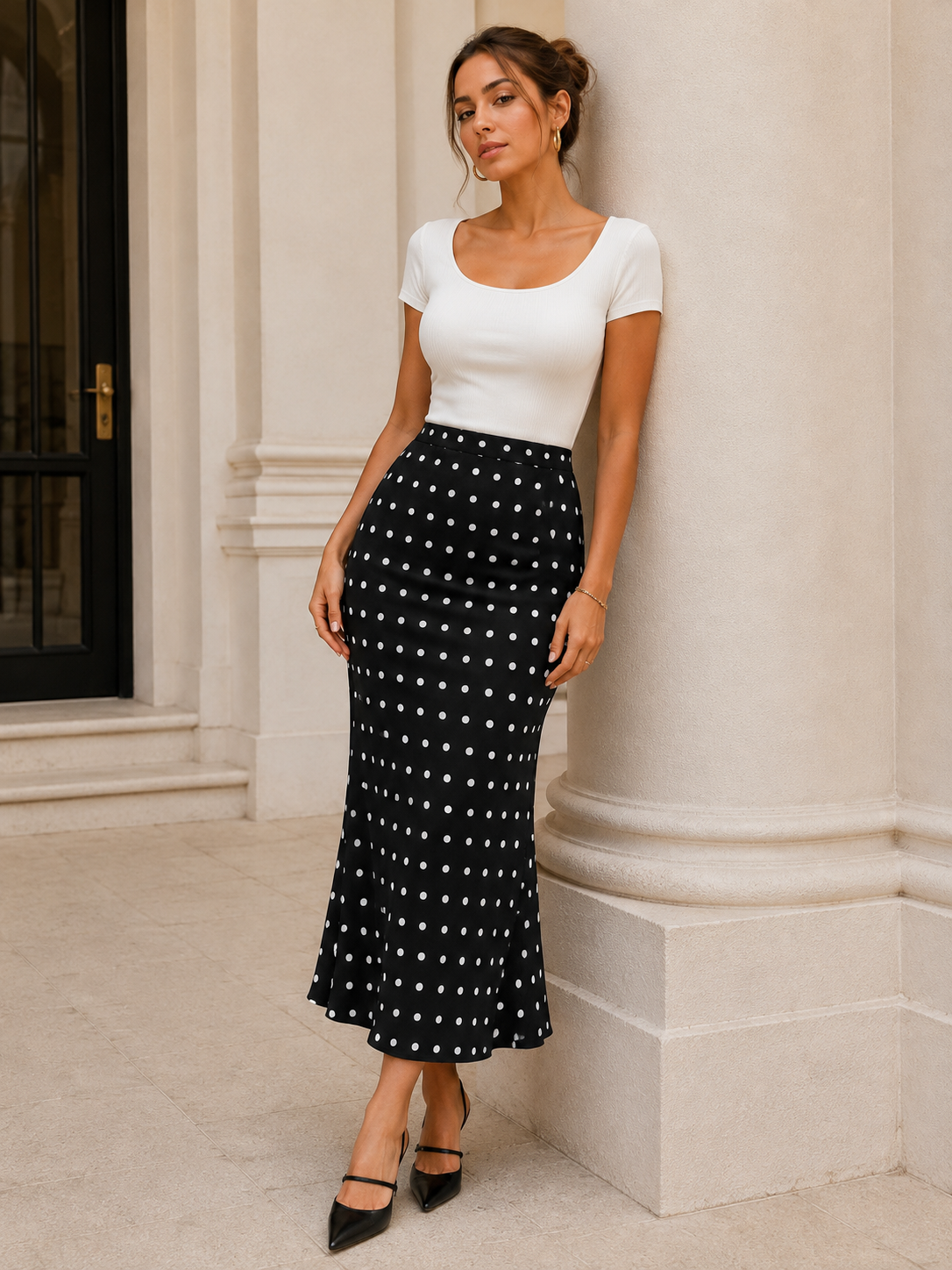 Black and white polka dot midi skirt with a fitted silhouette and softly flared fishtail hem, styled as a refined workwear skirt for a polished office outfit with feminine Parisian style.