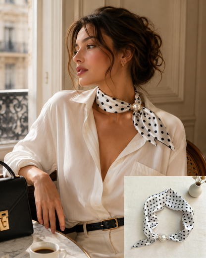 Women's silk-feel printed scarf with an integrated magnetic pearl closure, offering the polished look of a tied neck scarf without the effort for office and business casual styling.