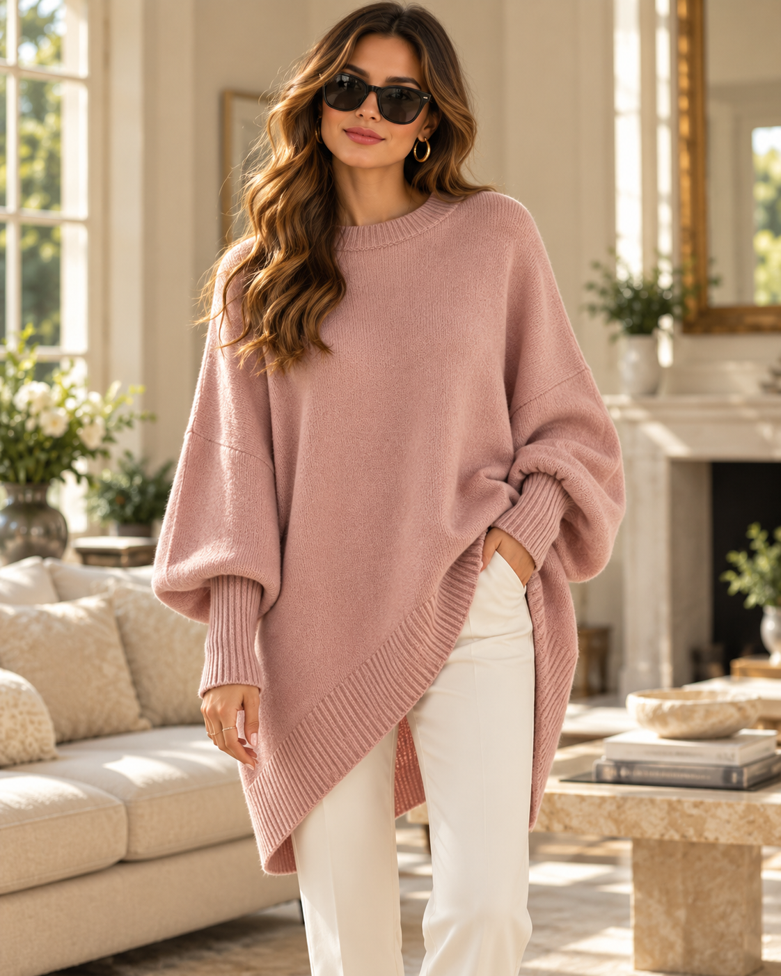 powder pink crew neck sweater women, oversized cozy pullover, quiet luxury sweater, business casual sweater, oversized ribbed construction with a relaxed drape, classic crew neckline, long fitted cuffs and extended hem, styled as a smart casual sweater for understated office wear and refined everyday looks.