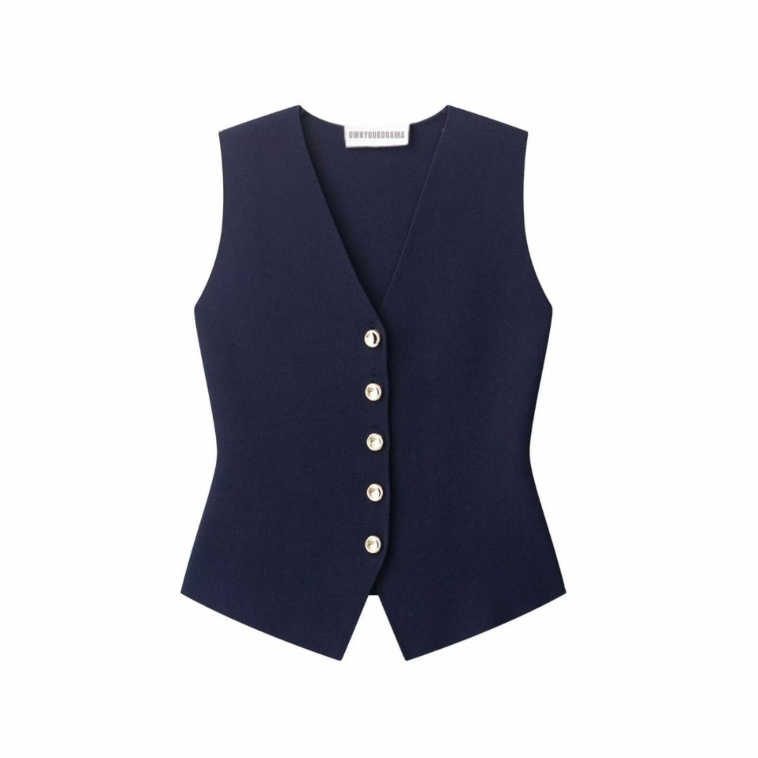 slim fit vest, minimalist vest women, gold button vest, women’s vest fashion, chic layering office outfit vest, power dressing vest women, vest with gold buttons women.