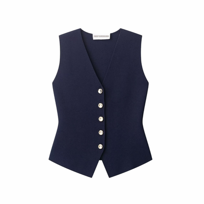slim fit vest, minimalist vest women, gold button vest, women’s vest fashion, chic layering office outfit vest, power dressing vest women, vest with gold buttons women.