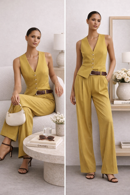 power vest set, quiet luxury trouser set, vest trouser set, fancy pantsuit, tailored vest pantsuit, sleeveless vest women, tailored vest set, mustard trouser set, business casual vest set.