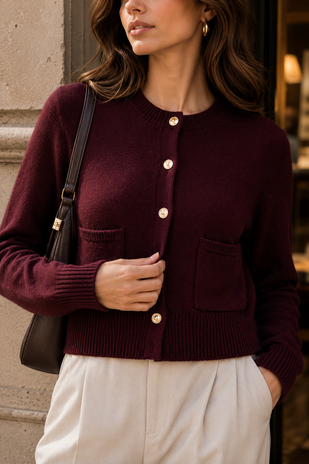 Burgundy long sleeve cardigan sweater with a round neckline, button front, patch pockets and ribbed cuffs and hem, styled as fall knitwear for transitional dressing, separates and autumn outfits.