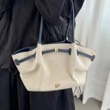 Load image into Gallery viewer, quiet luxury canvas tote, canvas tote for boardroom to brunch outfits, capsule wardrobe canvas tote, gold hardware canvas tote bag, laptop canvas tote bag women.