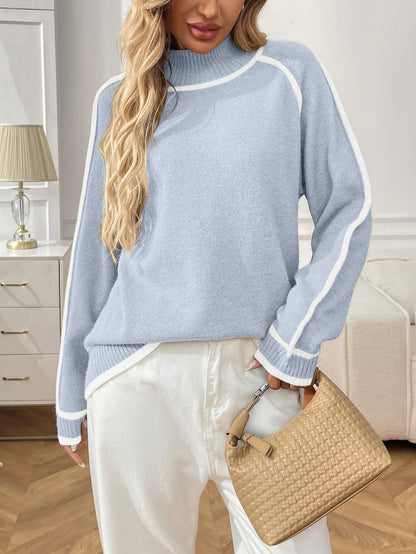 Cozy knit turtleneck sweater for women with contrast trim and modern piping detail, classy camel beige pullover for brunch, weddings, or business casual office outfits this fall, high neck knit sweater women, old money quiet luxury knit, contrast trim turtleneck sweater.