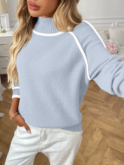 contrast trim turtle neck sweater women, cozy knit turtleneck sweater, piping detail turtle neck pullover, classy fall outfit knit sweater, business casual knit sweater women, minimalist piping knit turtleneck women, comfortable knit pullover for all-day wear, quiet luxury knit sweater .