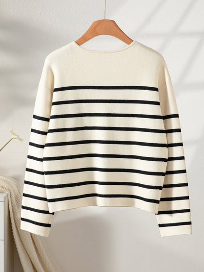 Relaxed fit striped cardigan women, nautical sweater with gold button detail, cropped striped cardigan option, quiet luxury knitwear for office layering and Instagram looks.