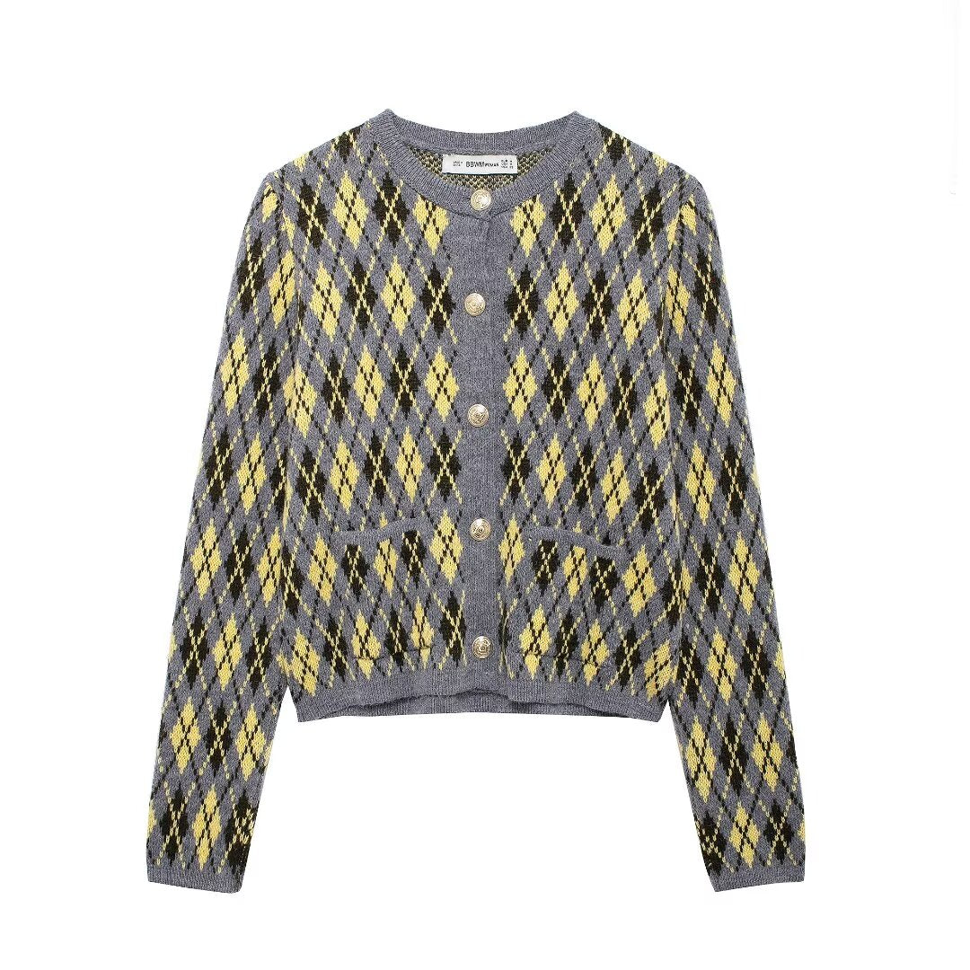 Aida Grey Argyle Cardigan | Cropped Button-Up Knit Cardigan|  Gold Button Layering Cardigan