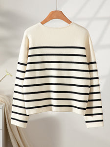Relaxed fit striped cardigan women, nautical sweater with gold button detail, cropped striped cardigan option, quiet luxury knitwear for office layering and Instagram looks.