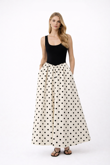 spring polka dot maxi dress, vintage polka dot maxi 2026, summer color block dress, Black cream polka dot maxi dress with square neck maxi dress support and structured bodice polka dot skirt balance, party polka dot maxi dress and affordable polka dot maxi under $100 event option, contrast waist maxi dress.