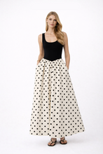 Load image into Gallery viewer, spring polka dot maxi dress, vintage polka dot maxi 2026, summer color block dress, Black cream polka dot maxi dress with square neck maxi dress support and structured bodice polka dot skirt balance, party polka dot maxi dress and affordable polka dot maxi under $100 event option, contrast waist maxi dress.