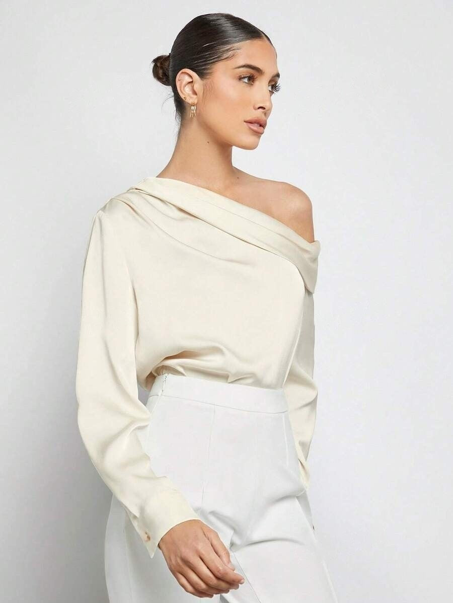 quiet luxury satin top women, elevated basics satin blouse women, one-shoulder top women formal satin, Satin beverage-ready one-shoulder top women, draped asymmetrical neckline in satin blouse trend 2025  ideal for cocktail night and holiday party top.