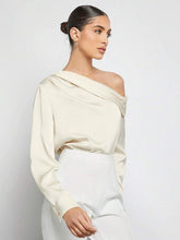 Load image into Gallery viewer, quiet luxury satin top women, elevated basics satin blouse women, one-shoulder top women formal satin, Satin beverage-ready one-shoulder top women, draped asymmetrical neckline in satin blouse trend 2025  ideal for cocktail night and holiday party top.