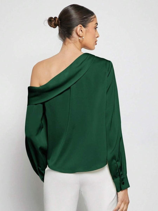quiet luxury satin top women, elevated basics satin blouse women, one-shoulder top women formal satin, Satin beverage-ready one-shoulder top women, draped asymmetrical neckline in satin blouse trend 2025  ideal for cocktail night and holiday party top.