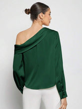 Load image into Gallery viewer, quiet luxury satin top women, elevated basics satin blouse women, one-shoulder top women formal satin, Satin beverage-ready one-shoulder top women, draped asymmetrical neckline in satin blouse trend 2025  ideal for cocktail night and holiday party top.