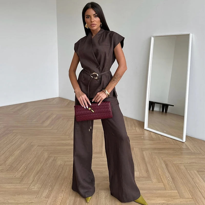 Power up Women’s Two-Piece Brown Pant Set – Wide Leg Pants, Belted Structured Top, Business Casual Fancy Pantsuit Brown / L