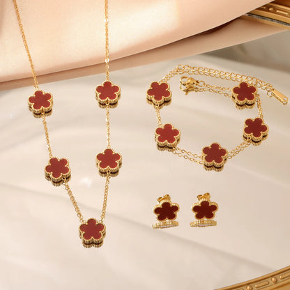 clover necklace bracelet earrings set, gold clover jewelry set wo, men, old money aesthetic jewelry set, lightweight jewelry set for travel, old money aesthetic jewelry set, enamel clover charm jewelry set.