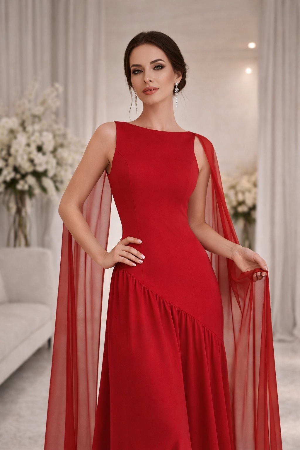 cape maxi dress, Asymmetrical Draped Dress, red maxi gown, Red Long Maxi Gown Dress, Women’s red cape sleeve evening gown in lightweight chiffon with floor length silhouette and open back design, elegant formal maxi dress for weddings, black tie events, and evening occasions.