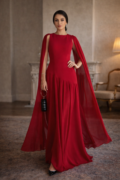 cape maxi dress, Asymmetrical Draped Dress, red maxi gown, Red Long Maxi Gown Dress, Women’s red cape sleeve evening gown in lightweight chiffon with floor length silhouette and open back design, elegant formal maxi dress for weddings, black tie events, and evening occasions.