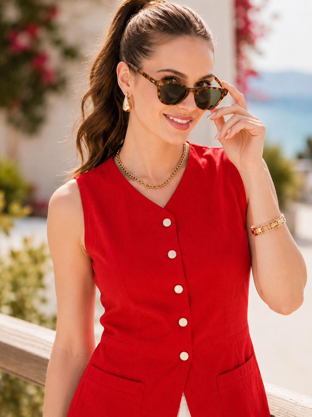 Cotton linen blend vest with a structured waist, round neckline, princess seam construction, and statement button detail, styled as a smart casual vest women for work-to-weekend dressing and everyday elevated outfits.