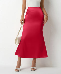 Satin midi slip skirt for women in red, ivory, pink, navy, black & light pink. High waist bias cut skirt perfect as workwear outfit, wedding guest look or chic date night style.