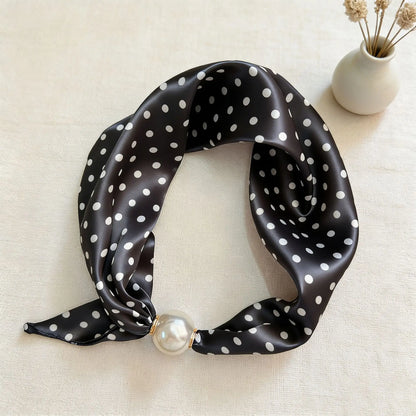 retro polka dot neck scarf, Printed faux silk magnetic neck scarf for women featuring a pearl closure, smooth satin-like finish, and interchangeable prints, combining a scarf necklace with an easy no-tie styling solution.