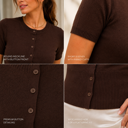 Chocolate brown knit top with all-over ribbed texture, classic round neck, short sleeves and full button closure, offering a fitted waist-length silhouette that works with high-waisted trousers and skirts.